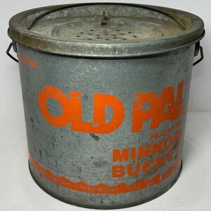 Vintage Old Pal Floating Minnow Bucket Live Bait Pail Fishing 8 Quart Galvanized
